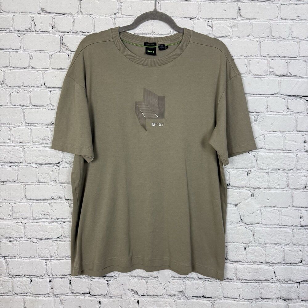 BOSS Tee Mirror 1 T-Shirt Mens L Light Olive Taupe Chest Mirrored Graphic Cotton